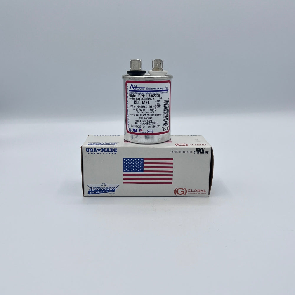 AmRad Round Run Capacitor 15 MFD 370/440 VAC USA2209