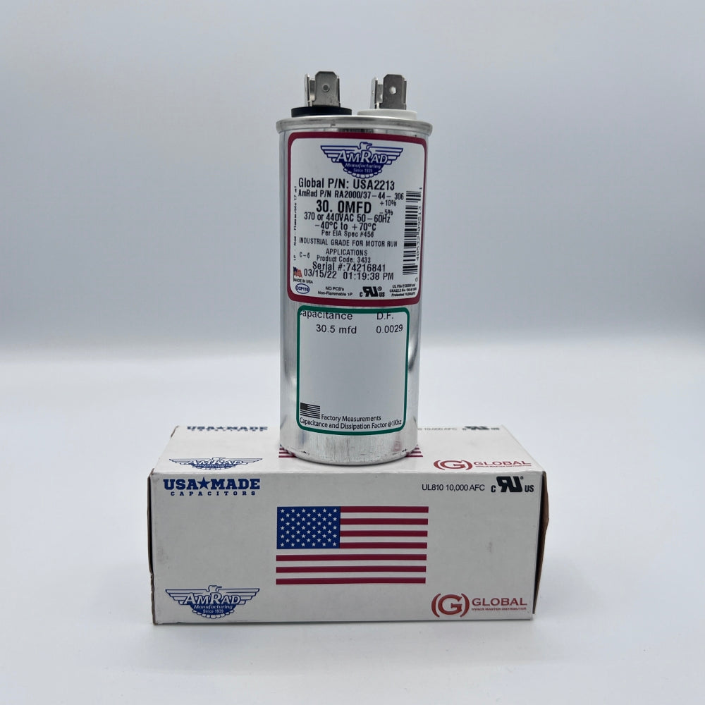 AmRad Round Run Capacitor 30 MFD 370/440 VAC USA2213