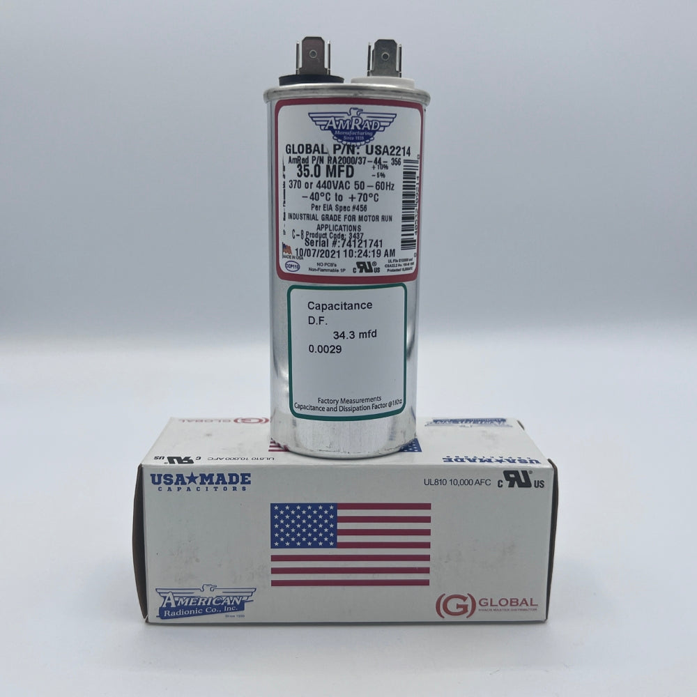 AmRad Round Run Capacitor 35 MFD 370/440 VAC USA2214