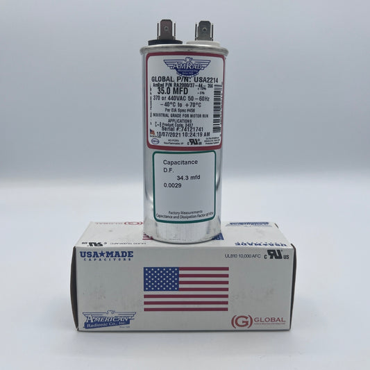AmRad Round Run Capacitor 35 MFD 370/440 VAC USA2214