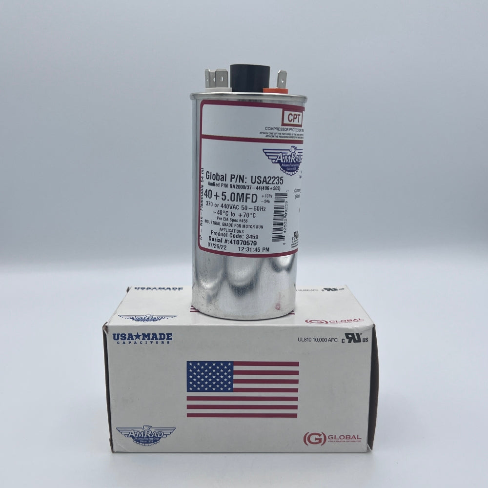 AmRad Round Run Capacitor 40/5 MFD 370/440 VAC USA2235