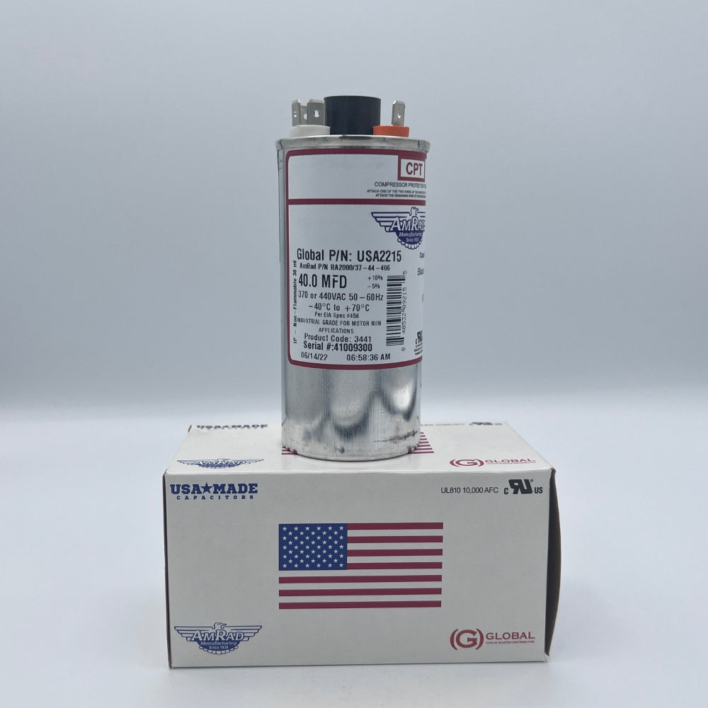 AmRad Round Run Capacitor 40 MFD 370/440 VAC USA2215