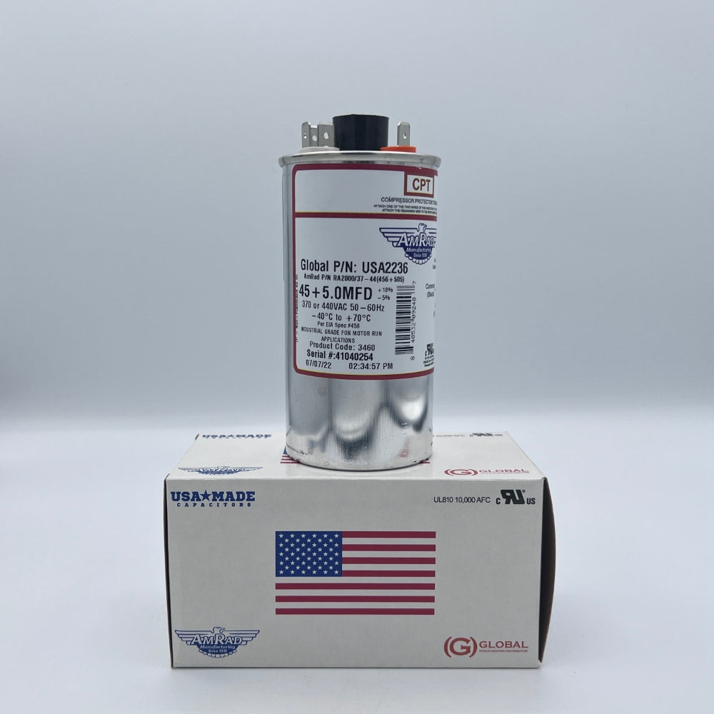 AmRad Round Run Capacitor 45/5 MFD 370/440 VAC USA2236