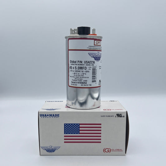 AmRad Round Run Capacitor 45/5 MFD 370/440 VAC USA2236