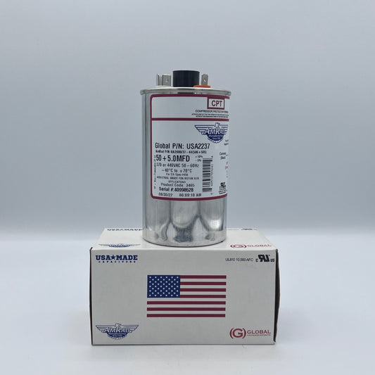 AmRad Round Run Capacitor 50/5 MFD 370 / 440 Volt USA2237