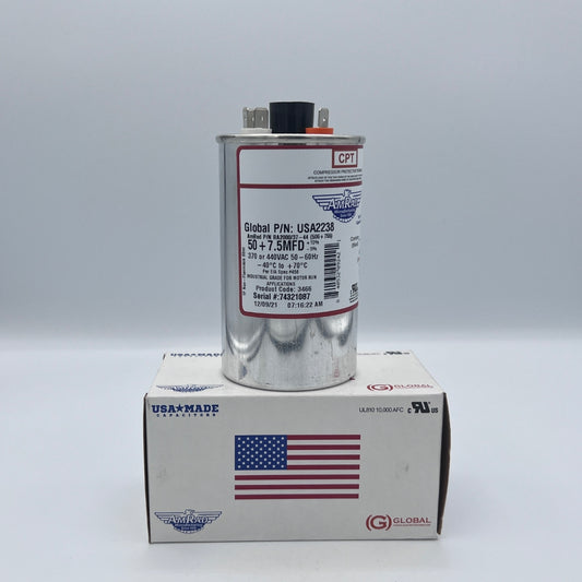 AmRad Round Run Capacitor 50/7.5 MFD 370/440 VAC USA2238