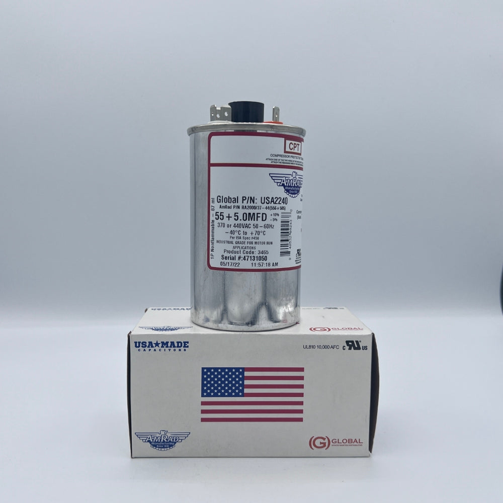 AmRad Round Run Capacitor 55/5 MFD 370/440 VAC USA2240