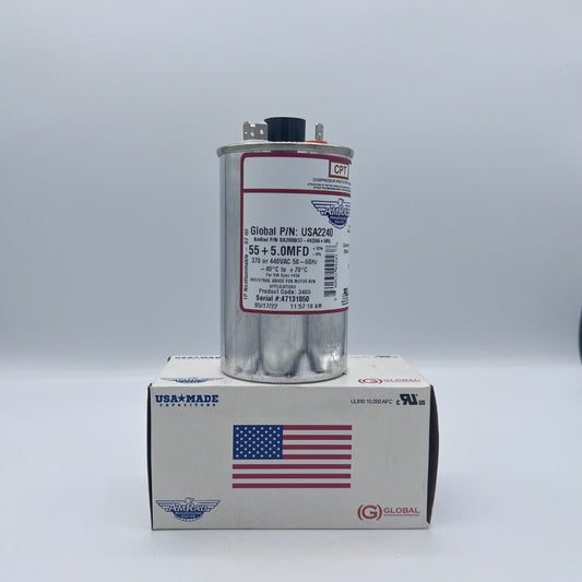 AmRad Round Run Capacitor 55/5 MFD 370/440 VAC USA2240