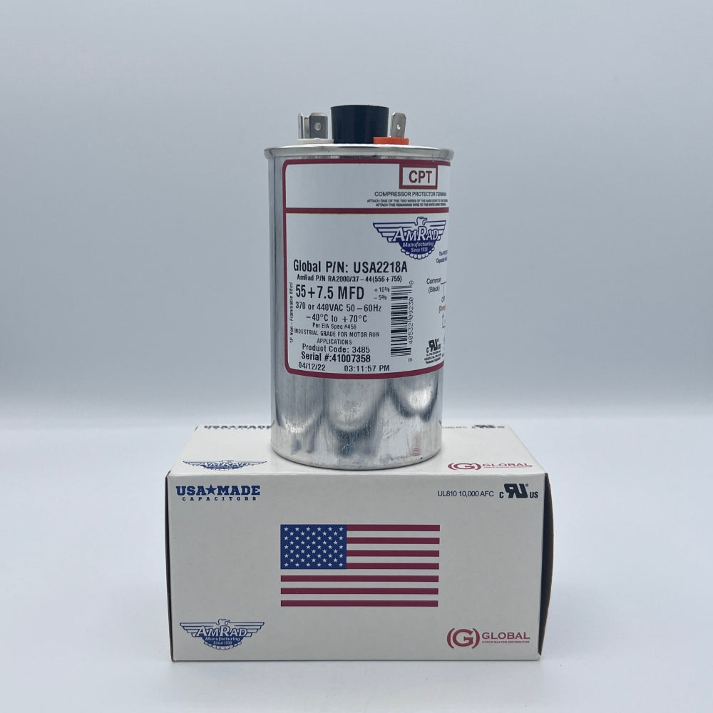 AmRad Round Run Capacitor 55/7.5 MFD 370/440 VAC USA2218A