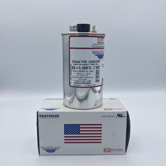 AmRad Round Run Capacitor 60/5 MFD 370/440 VAC USA2220B
