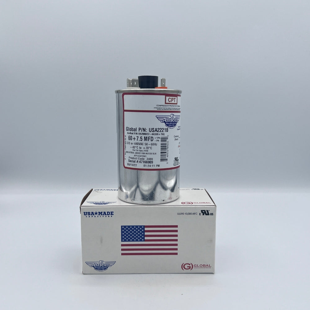 AmRad Round Run Capacitor 60/7.5 MFD 370/440 VAC USA2221B