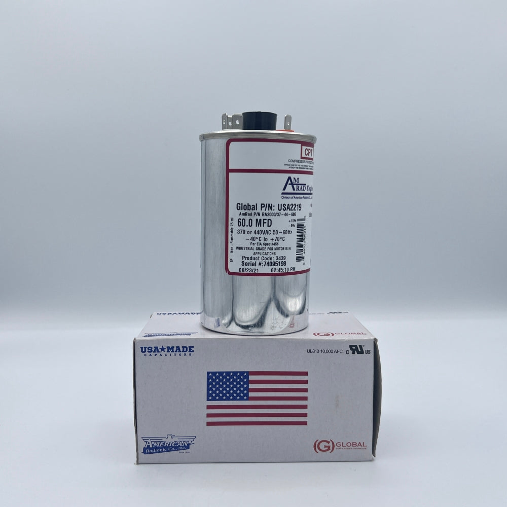 AmRad Round Run Capacitor 60 MFD 370/440 VAC USA2219