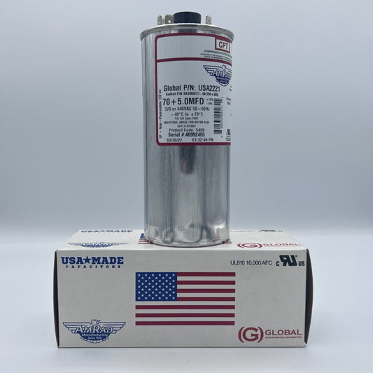 AmRad Round Run Capacitor 70/5 MFD 370/440 VAC USA2221