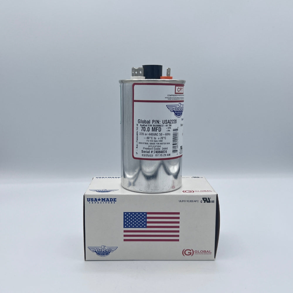 AmRad Round Run Capacitor 70 MFD 370/440 VAC USA2228